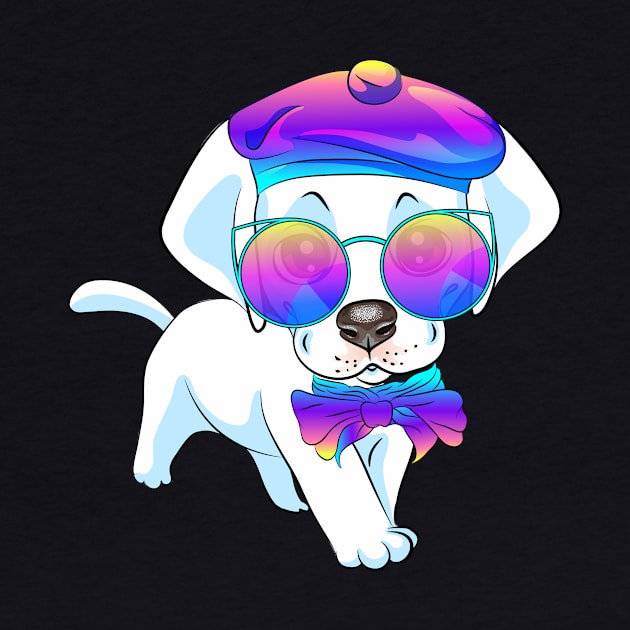 Labrador Retriever dog in sunglasses, bow and beret by kavalenkava